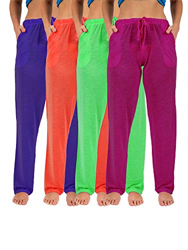 Sexy Basics Women s 4 Pack Casual Active Relaxed Flowy Fit Lounge & Yoga Pants (4 Pack-Neon- Green Purple Red PinkFuschia, Large)