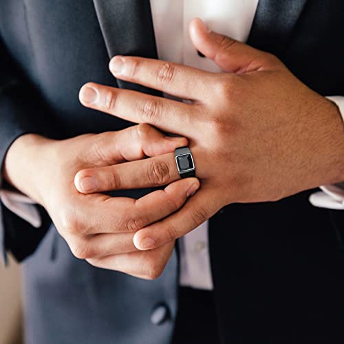 Bestyle Anel de sinete masculino grosso de aço inoxidável - com ônix preto/topázio azul - anel de si