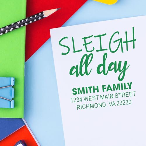 Personalized Christmas Card Stamp | Pre-Ink Holiday Greeting Stamp with Sleigh All Day Typography, Customizable Holiday Card Maker, 1-5/8" Square for Holiday Enthusiasts and Card Crafters