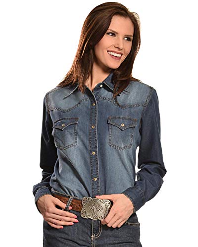 Wrangler Women's Western Fashion Denim Shirts,Dark Wash, Small