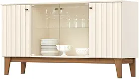 Buffet Aparador Eiffel 4 Portas Off White/nature com Ripado e Vidro - Móveis Henn