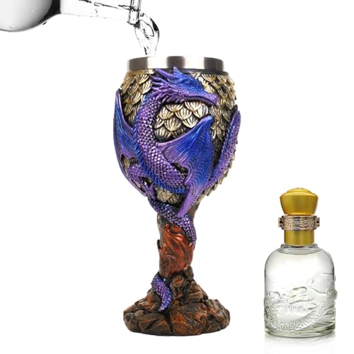 Copa medieval – cáliz de dragón de acero inoxidable, elegante taza de vino | Diseño intrincado de diseño de dragón, vajilla de fantasía rústica, acabado apto para lavavajillas, regalo elegante para