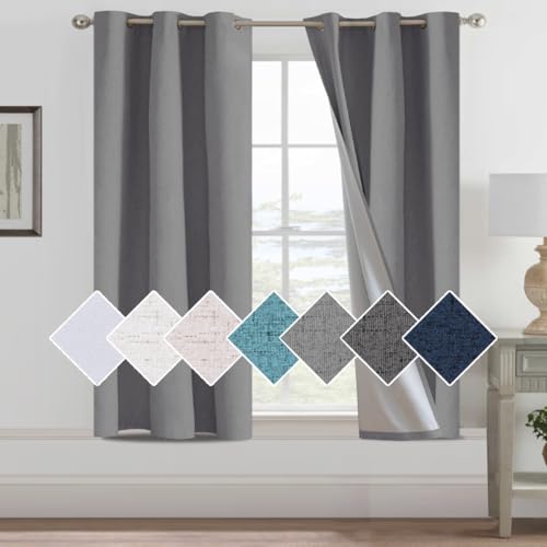 H.Versailtex Cortinas térmicas 100 % de lino sintético para dormitorio con forro blanco, cortinas térmicas para dormitorio, 46 pulgadas de ancho x 54 pulgadas de largo, color gris