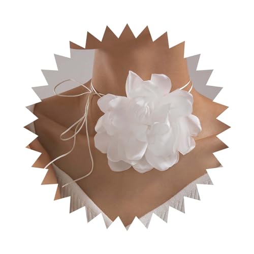 Dervivea Boho Exagerado Collar De Flores Gargantilla Collar De Flores Blancas De Cera De Gran Tamaño Collar De Flores Collar Largo Lazo Floral Collar De Flores De Tela Rosetón Collar (blanco A)
