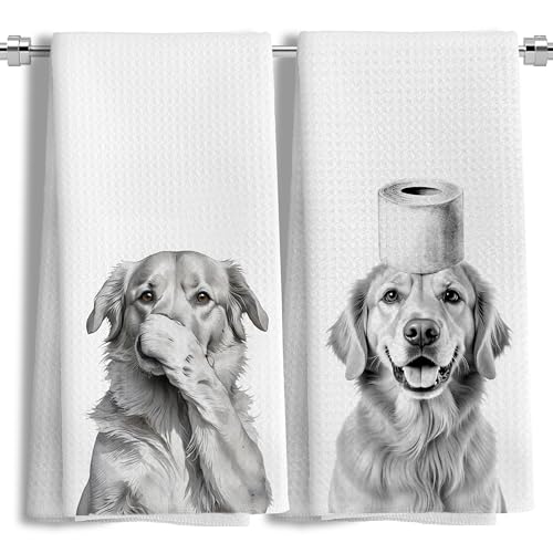 LUKIPOM Funny Golden Retriever Bathroom Hand Towels Set of 2, Golden Retriever Gifts for Women,Dog Bathroom Decor,16x24 Inch