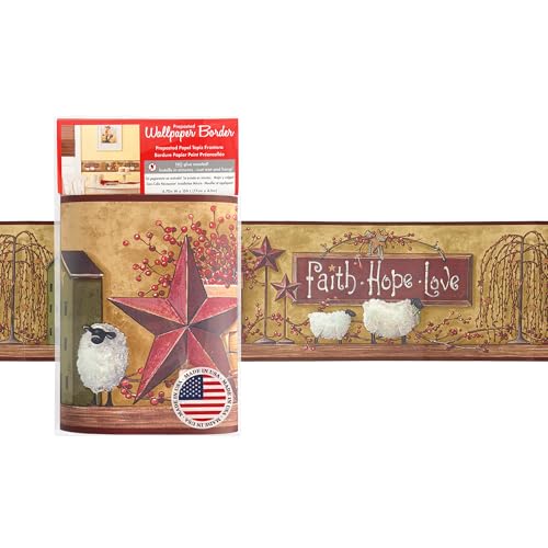 CONCORD WALLCOVERINGS–Pre Pasted Wallpaper Border–Faith Hope Love Patriotic Country Barn Star Design Traditional American Rustic Farmhouse Kitchen Cottage Decor Washable Vinyl 15ft x 7in