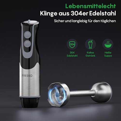 FRESKO Stabmixer, 1000W Edelstahl pürierstab mit 12 Geschwindigkeitsstufen, TURBO-Taste, 700ml Becher mit Deckel für die Zubereitung von Soße, Babynahrung und Suppe