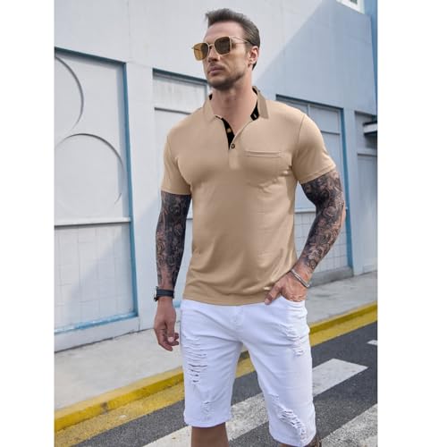 Image of Men's Short Sleeve Polo Shirts Buttons Collared T Shirts with Pocket | Moisture-Wicking,Soft Stretch Fabric, Lightweight,Structured Collar,Business Casual, Golf, Office,All-Day Comfort
