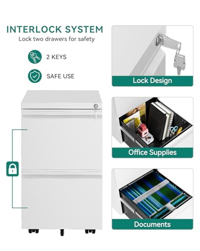 Mobile Filing Cabinet with 2 Lockable Drawers - White - Image 4