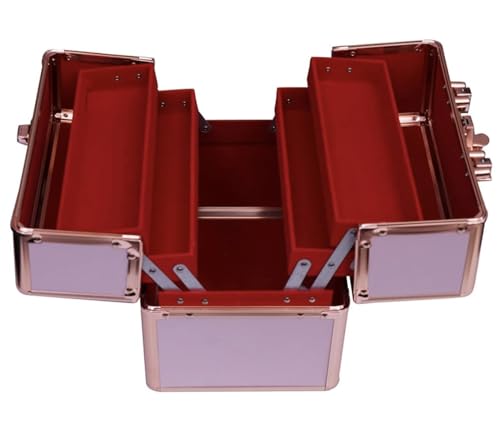 Image of ADSON Nylon Professional Makeup Box Cosmetics Case Jewelry Organiser Vanity Make Up Storage Box Beauty Train Case Lockable with Keys (Striped Rose Gold)