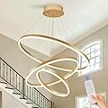 Sparklelf 3-Rings Modern LED Chandelier Gold, Dimmable Pendant Lighting with Remote Control Circular Flush Mount High Ceiling Light for Living Room Dining Room Foyer, 3000K-6500K D31.5’’