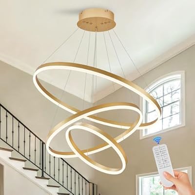 Sparklelf 3-Rings Modern LED Chandelier Gold, Dimmable Pendant Lighting with Remote Control Circular Flush Mount High Ceiling Light for Living Room Dining Room Foyer, 3000K-6500K D31.5’’