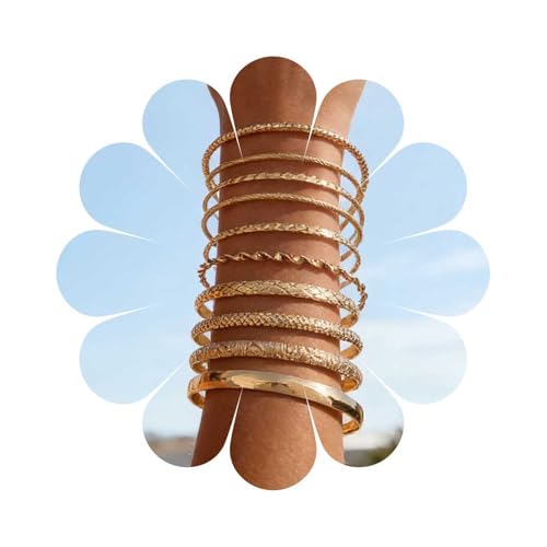 Cybche Punk Filled Hammered Bracelet Gold Bangle Bracelet Thin Round Bangle Bracelets Texture Stacking Bracelet Hinged Classic Bracelet Jewelry Set for Women(Gold3)