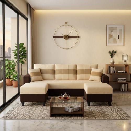 Image of Cavona 5 Seater L Shape Sofa Set with 2 Movable Ottomans | Flexible Layout | Luxury Velvet Suede Fabric | Modern Living Room Sofa | Dark Brown-Cream-Beige