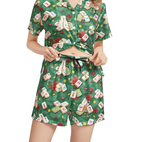 Image of Funny Satin Pajamas Set for Women Button Down Sleepwear Print Pjs Set 2 Piece Short Sleeve Loungewear Gift for Women