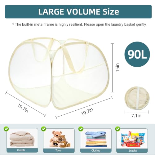 Image of Collapsible Laundry Baskets, 90L Large Foldable Laundry Basket, Durable Mesh Pop Up Hampers for Laundry, Dirty Clothes Laundry Hamper for Bedroom, Bathroom, Dorm, Laundry Room, Travel, Camping Beige