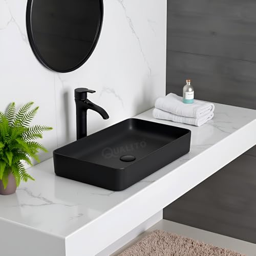 Image of QUALITO Designer Table Top Wash Basin for Bathroom, Living Room, Hall, Dinning Room | Big Size Black Ceramic Vessel Sink /Basin | Glossy Finish Marble Vanity Basin (24x14x5 Inch, Black)