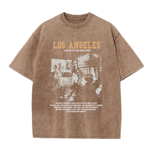 Image of Oversized Boys Graphic Tees Acid Wash Los Angeles Tshirt Youth Cotton T Shirt Crewneck Tee Kids Short Sleeve Tops
