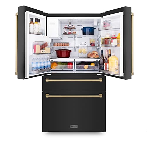 Zline 36" Autograph Edition Freestanding French Door Refrigerator With Water And Ice Dispenser In Fingerprint Resistant Black Stainless Steel With Champagne Bronze Handles (Rfmz-W-36-Bs-Cb) #TOP3