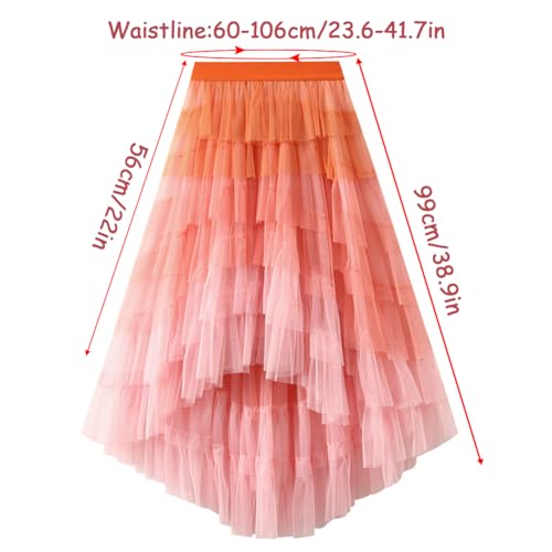 Women's Tulle Skirt A-Line High Low Asymmetrical Layered Midi Length Elastic Waist Tutu Skirts Hem A Line Mesh Skirts, Blue Orange3