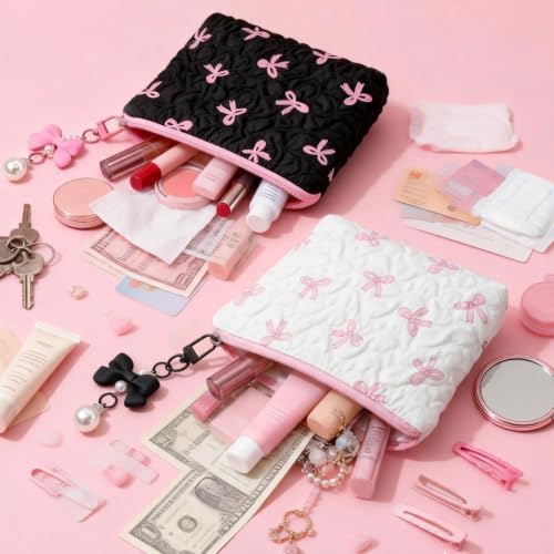 Image of MAYCREATE 2PCS Fashion Makeup Bag Set Textured Embossed Zipper Cosmetic Pouches with Sweet Bow Print & Faux Pearl Bow Charm, Portable Toiletry Organizer for Travel, Purse & Daily Use, 14x12cm