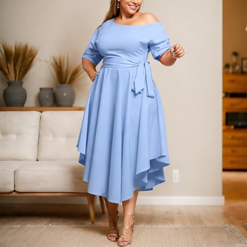 Image of Plus Size Women Wedding Guest Dress Off Shoulder Boat Neck Irregularly Flowy Midi Church Dress