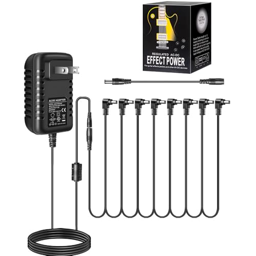 Pigtone Guitar Pedal Power Supply Adapter 9V DC 2A Tip Negative 8 Way Daisy Chain Cables for Guitar Effect Pedal,Compatible for Most Effect Pedals