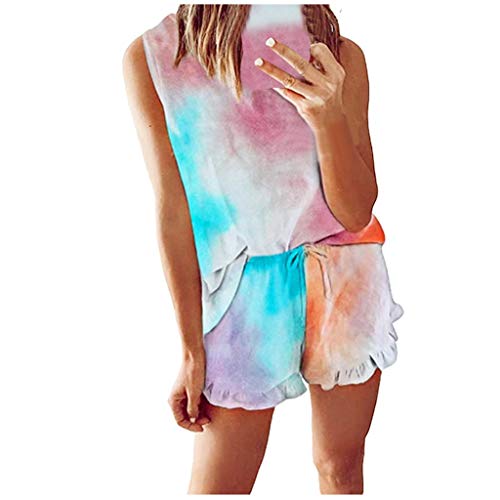 Damen Pyjama Schlafanzug Kurz Tie-Dye Bedruckte Nachtwäsche Nachthemd Hausanzug Set Kurzarm Rundhals-Ausschnitt für Sommer(D Mehrfarbig,M)
