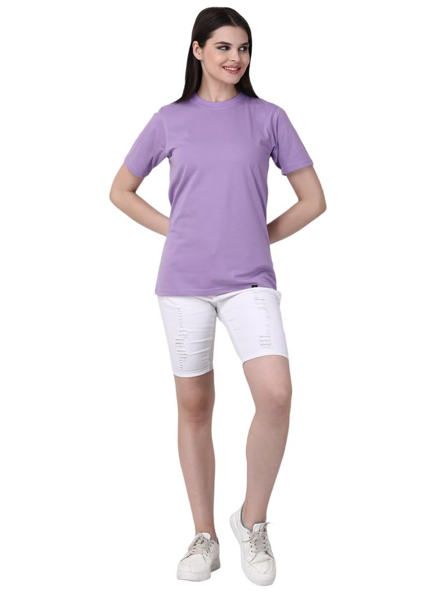 Women's Boyfriend Fit Solid Lavender Cotton T-Shirt | Round Neck | Half Sleeves | Plain T-Shirt