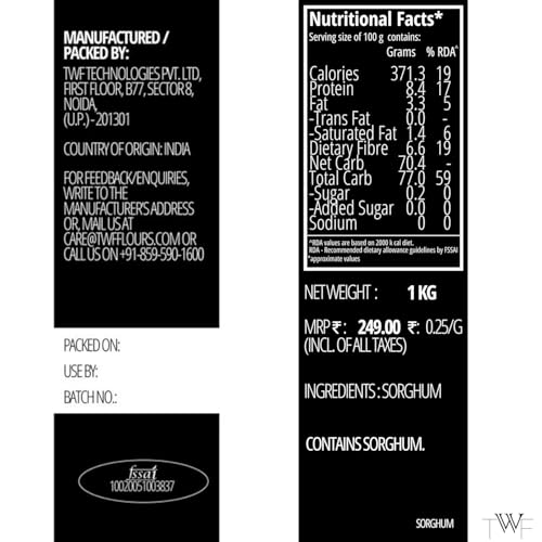 Image of TWF Virgin Sorghum - Jowar Flour|Jwari|Juwar|Jwar|Solam|Jonna|Joar|Stone-Ground Gluten-Free Flour for Rotis,Bhakris & Gluten-Free Baking|Unadulterated & Nutrient-Rich|From Virgin Grains, 2 Kg (Pack of 2)