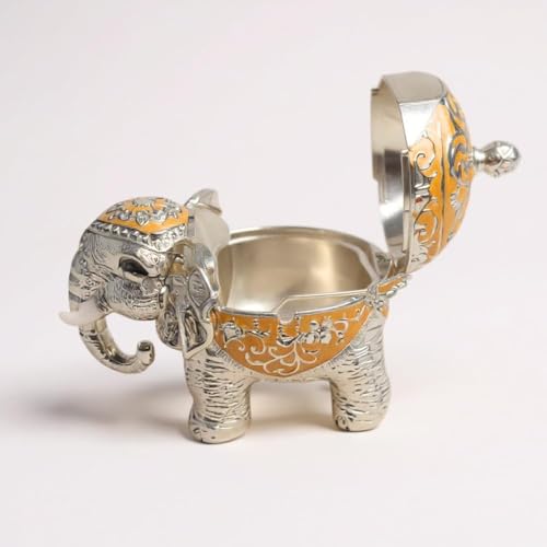 Image of Metal Elephant Shaped Decorative Storage Jar with Glass Bowl & Metal Spoon | Gold Finish and White Enamel Container for Dry Fruits, Mouth Freshener, Spices & Table Decor (Orange)