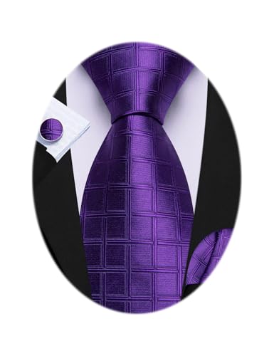 Image of Barry.Wang Plaid Ties Check Mens Necktie Set with Handkerchief Cufflinks Classic Stripe