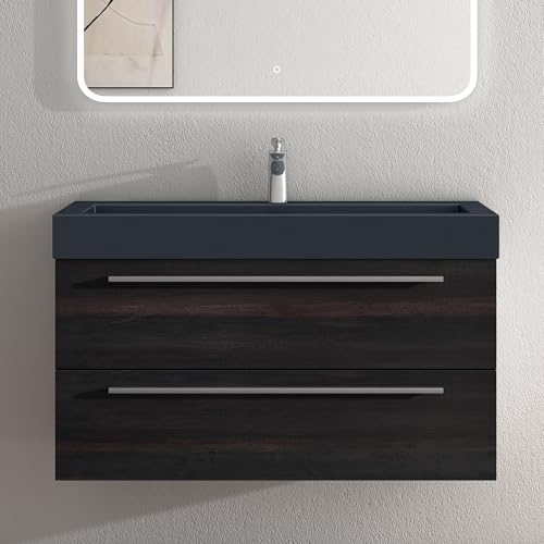 doporro Badmöbel-Set Waschbeckenunterschrank mit Soft-Close in Dunkelgrau 100x48x60cm Quadratto Waschplatz komplett Set inkl. Mineralguss-Waschbecken in matt Anthrazit