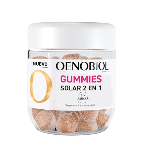 OENOBIOL - GUMMIES SOLAR 2 EN 1 - Protector Celular- Autobronceador - Rostro y Cuerpo - Sabor Natural Fresa, limón - Sin azúcar - Complemento alimenticio - Vegano - 60 gominolas 1 mes