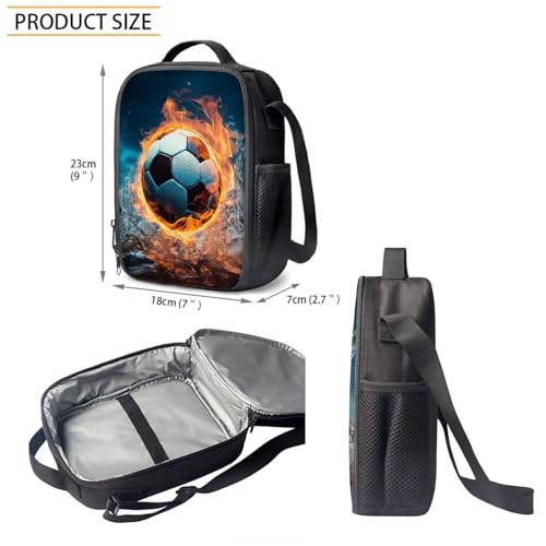 3PCS Flame Water Soccer Backpack for Boys Cool Lightweight Bookbag and Lunch Box Set for Boys 17 Inch Large Capacity Teens School Bags 7 Years Old Casual Travel Daypack Rucksack3