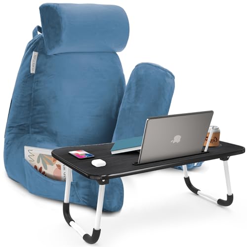 Clara Clark Reading Pillow with Portable Lap Desk for Laptop Set, Back Pillow for Sitting Up in Bed, Memory Foam Back Support Pillow, Bed Rest Pillow with Foldable Laptop Desk, Large - Blue Heaven
