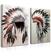 CXHOSTENT Native American Wall Art 2 Pieces Indian Chief Feather Headdress Canvas Prints Tribal T...