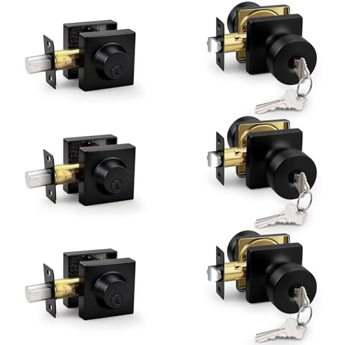 Probrico Exterior Entry Door Knobs 3 Pack with Keys, Matte Black Door Lockset for Front Door/Office/Bedroom/Bathroom, Heavy Duty Black Door Knob and Deadbolt Set