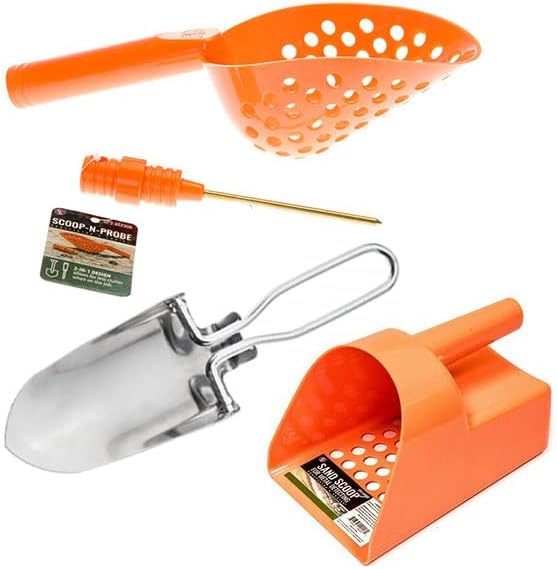 Sluice Monkey Cuchara de arena naranja de detección de metales, paleta de mano de acero inoxidable, pala estupenda y sonda de latón