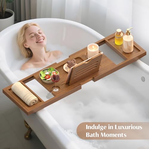 Dorivibe Teak Bathtub Tray, Expandable Wooden Bath Tray for Tub, Luxury Bath Caddy for Bathtub, Birthday & Wedding for Couple Bridal Shower Present, House Warming Gifts New Home