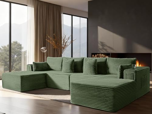 Image of 138 inch Cloud Sectional Couch, Comfort U Shaped Boneless Couch for Living Room, Extra Deep Seats No Assembly, Minimalist Modular Sofa, Corduroy (Olive Green, 3 Seater+Right Facing Chaise+Ottoman)