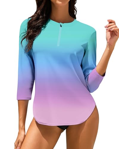 Soneven Women 3/4 Sleeve Rash Guard 1/4 Zip Swim Shirts UPF 50+ Sun Protection Swimsuit Top No Bottom