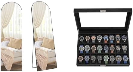 SONGMICS Full Length Mirror, 63 x 19.7 Inches, Full Body Mirror with Stand, Watch Box, 24-Slot Watch Case ULFM031B01 & UJWB024B02