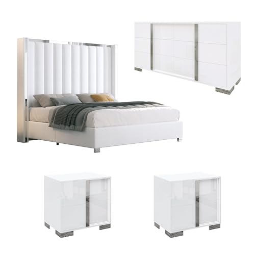 AMERLIFE 4 Piece Bedroom Furniture Set, Upholstered Queen Size Bed Frame with 53" Headboard & Wingback, 54" 6-Drawer Dresser & Nightstand Set of 2, High Gloss, Modern, White