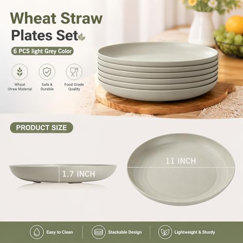 Image of Large Wheat Straw Dinner Plates, 11In Unbreakable Plates,LightGrey | Lightweight and Stackable Deep Dinner Plates for Dinner, Deep Edge for Kitchen & Outdoor