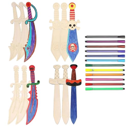 JDCMEI 12 Stück Holzschwert, Piratenschwerter aus Holz mit 12 Stück Farbige Stifte, Selbst Kreatives Piratensäbel, Piraten Säbel zum Bemalen, Kinder Piraten Schwert für DIY Kinder Karneval Malen Deko