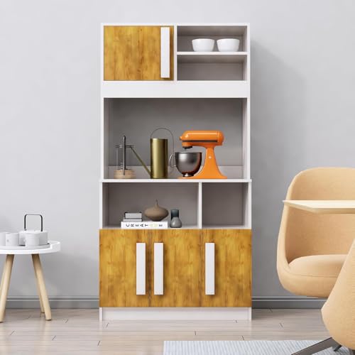 Image of Bniture Multipurpose Kitchen Cabinet | Engineered Wood Crockery Cabinet Modern with 4 Doors & Shelves | Crockery Unit for Dining Area | Kitchen Crockery Cabinet for Home | Frosty White & Giant Wood