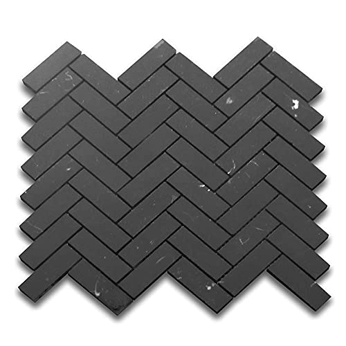 Stone Center Online Nero Marquina Black Marble 1x3 Herringbone Mosaic Tile Honed Kitchen Bath Wall Floor Backsplash Shower (1 Sheet)