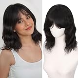 WIGNEE 100% Virgin Human Hair Natural Wave Wigs with Bangs Brazilian Human Hair Wave Wigs Natural Black Color (12 Inch)