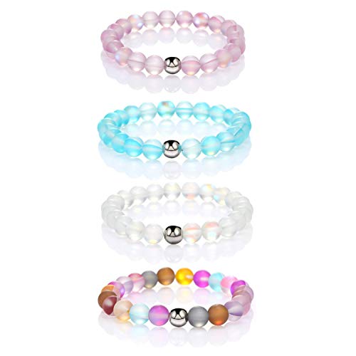 4Pcs Mystic Mermaid Beaded Stretch Bracelet Handmade Round Glass 8Mm Multicolor Matte Beads Elastic Bracelet Shining Moonstone Beads Wristband For Women Girl Valentines Jewelry(A) #TOP15
